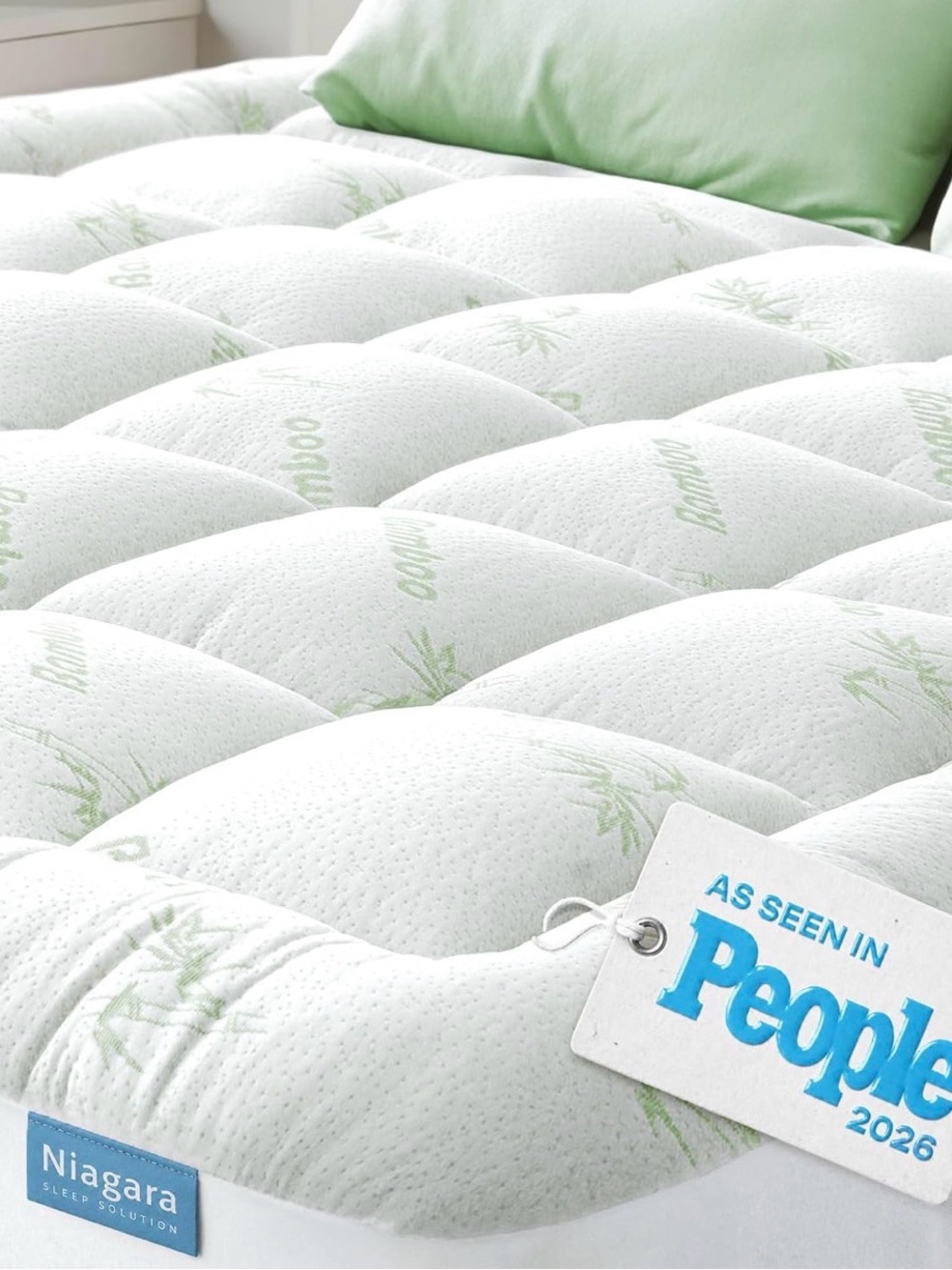 White and Light Green Quilted Mattress Topper - Plush Comfort - King